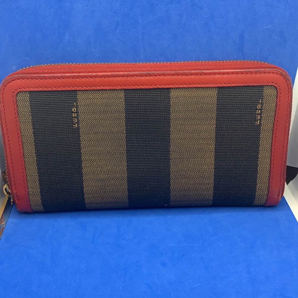 Fendi Magenta/Tobacco‎ Pequin Stripe Canvas and Zip Around Continental Wallet